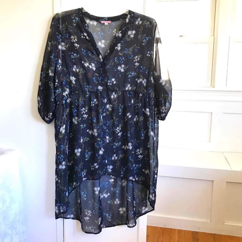 MAUVE Blue Floral Boho Flowy Tunic Babydoll Semi Sheer Women’s Plus Size 2X
